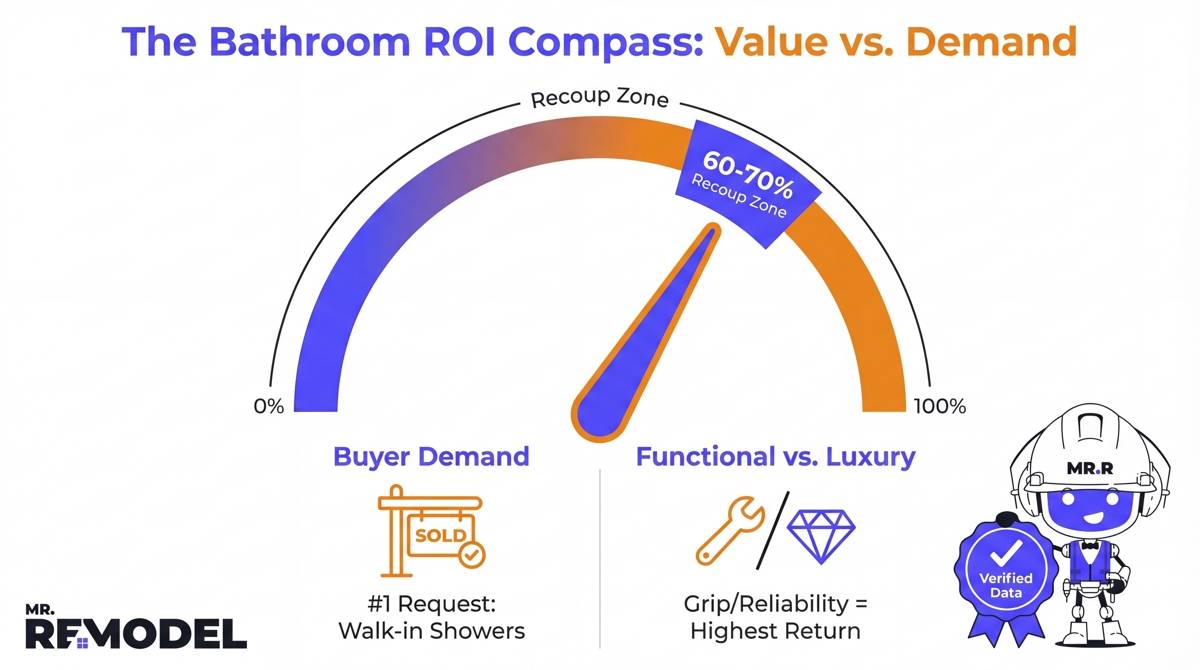 A professional gauge infographic illustrating the 60-70% recoup rate for bathroom remodels, contrasting buyer demand for functional walk-in showers against purely aesthetic luxury additions.